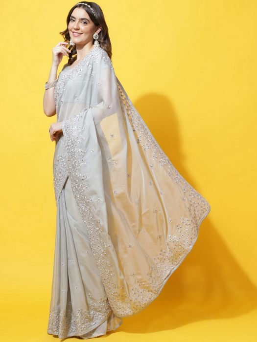 Grey Organza Saree With Embroidered Work And Stonework party wear saree