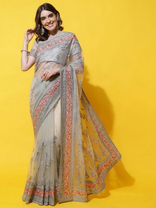 Grey   Fuchsia Floral Embroidered Net Heavy Work Saree party wear saree