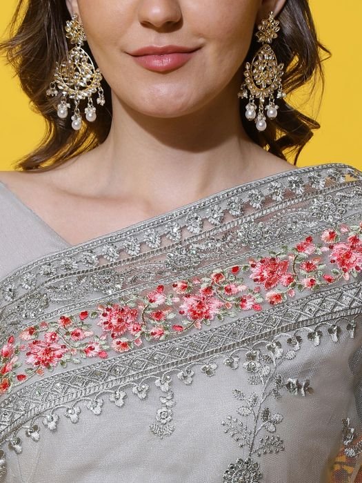 Grey   Fuchsia Floral Embroidered Net Heavy Work Saree party wear saree