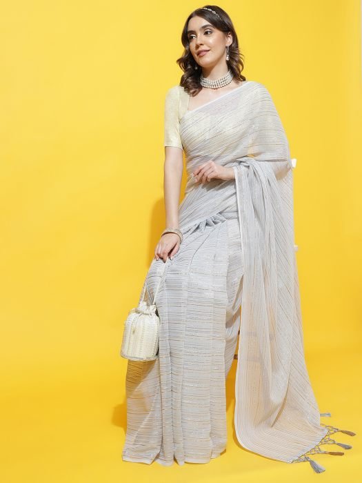 Grey And Gold Toned Striped Poly Georgette Saree party wear saree