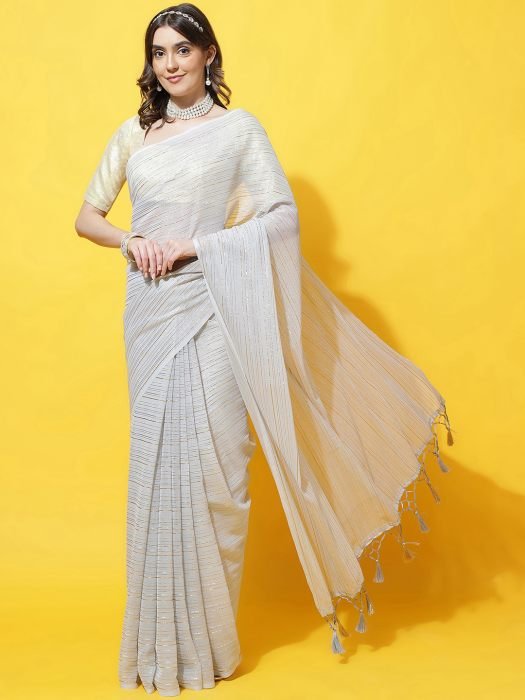 Grey And Gold Toned Striped Poly Georgette Saree party wear saree