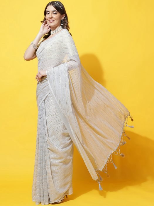 Grey And Gold Toned Striped Poly Georgette Saree party wear saree