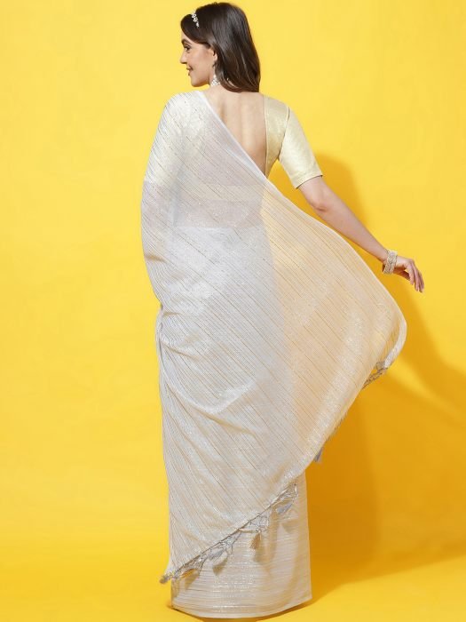 Grey And Gold Toned Striped Poly Georgette Saree party wear saree