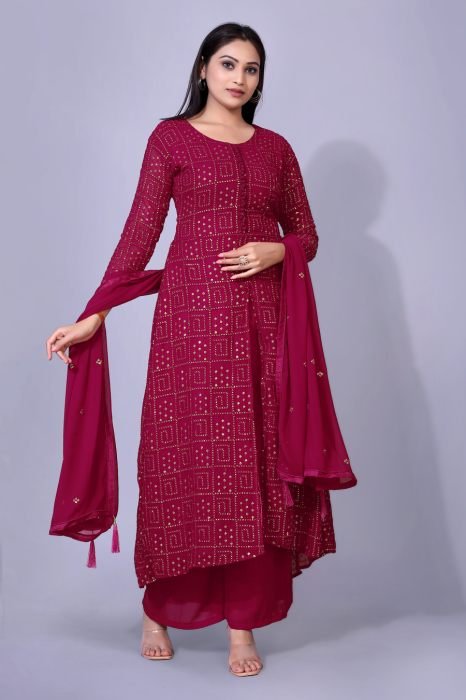 Kasee Women s Cherry Embroidered Work Sequinned Semi Stitched Kurta With Plazzo And Dupatta semi stitched