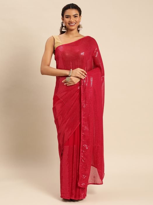 Cherry Embellished Striped Sequinned Pure Georgette Saree party wear saree