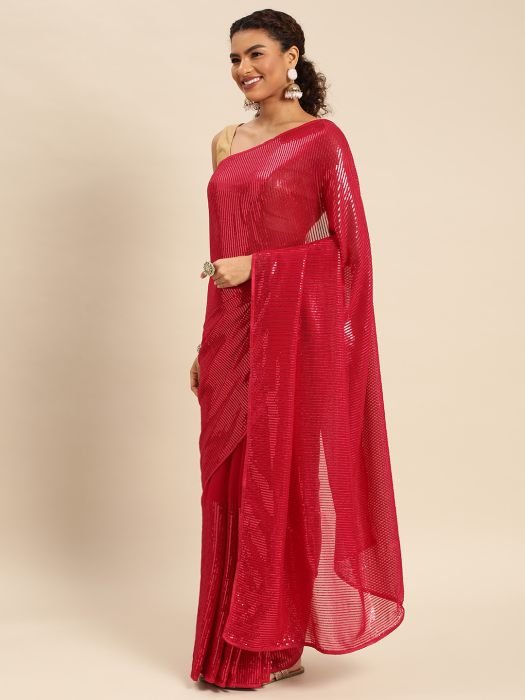 Cherry Embellished Striped Sequinned Pure Georgette Saree party wear saree