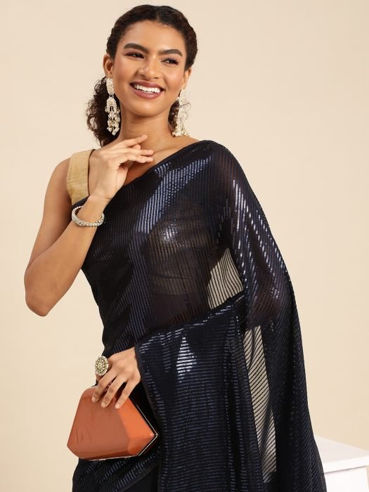 Navy Blue Embellished Striped Sequinned Pure Georgette Saree party wear saree