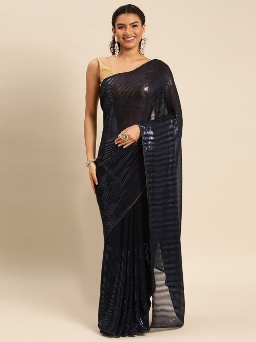 Navy Blue Embellished Striped Sequinned Pure Georgette Saree party wear saree