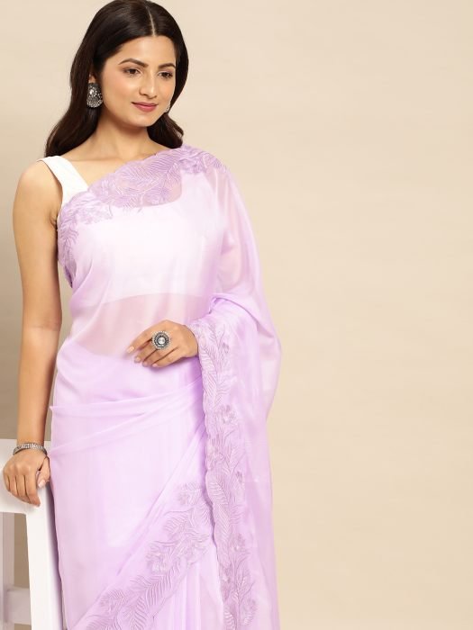 Lavender Embroidered Satin Saree