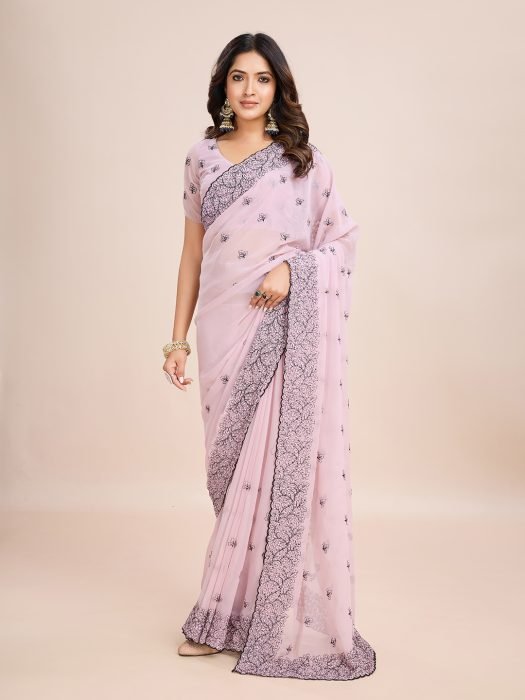 Lavender Floral Embroidered Work Pure Chiffon Ready To Wear Saree SAREES