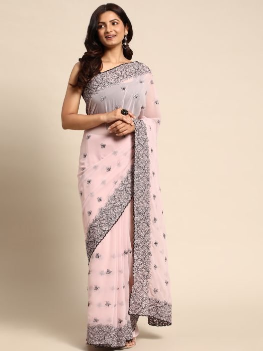 Lavender Floral Embroidered Work Pure Chiffon Saree party wear saree