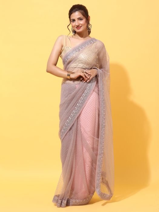 Lavender Embroidered  Net Heavy Work Saree party wear saree