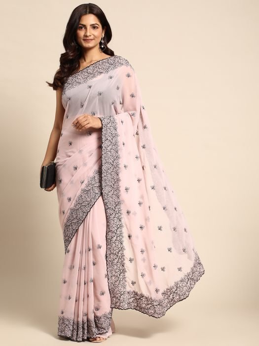 Lavender Floral Embroidered Work Pure Chiffon Saree party wear saree