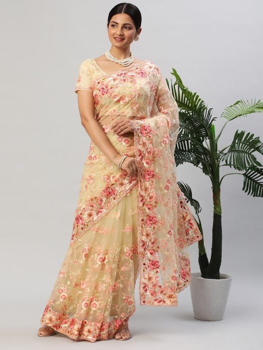 Lemon colour Floral Embroidered Net Saree party wear saree