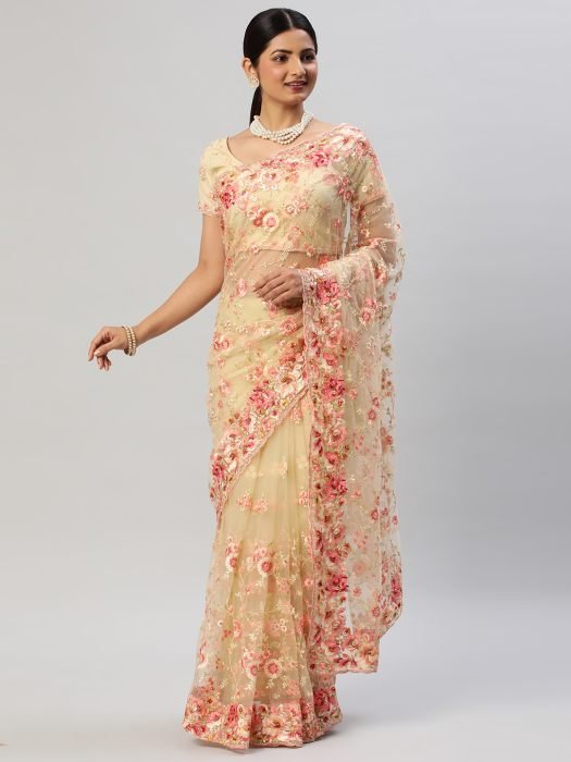 Lemon colour Floral Embroidered Net Saree party wear saree