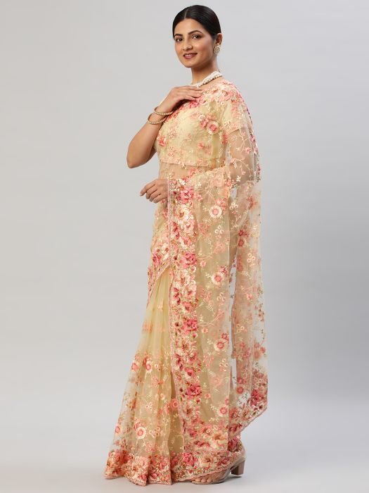 Lemon colour Floral Embroidered Net Saree party wear saree