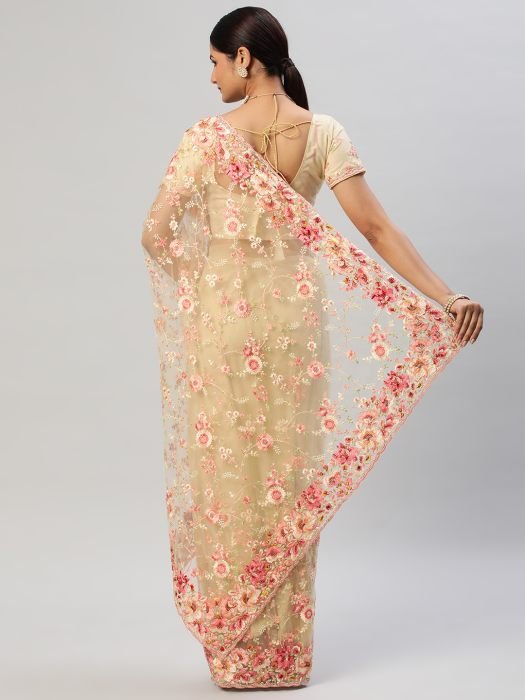 Lemon colour Floral Embroidered Net Saree party wear saree