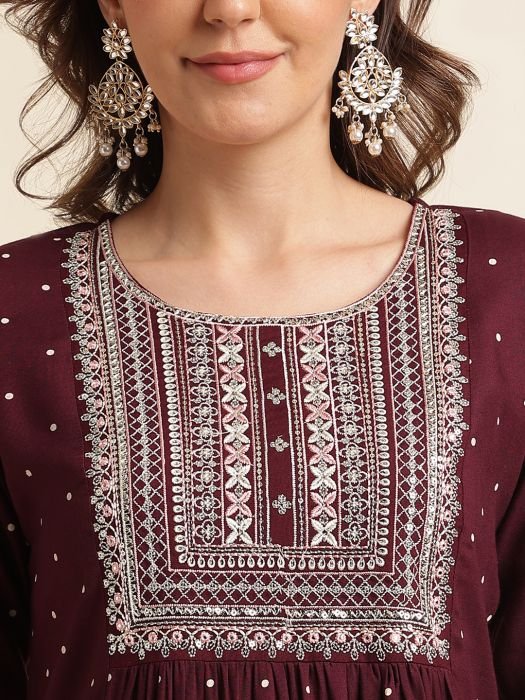 Maroon Cotton Blend Ethnic Embroidered And Printed Work Kurta  kurti