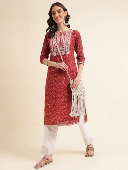  Maroon Cotton Blend Straight Kurta With Print   Sequence Embroidery Work With Trouser Kurta palazzo