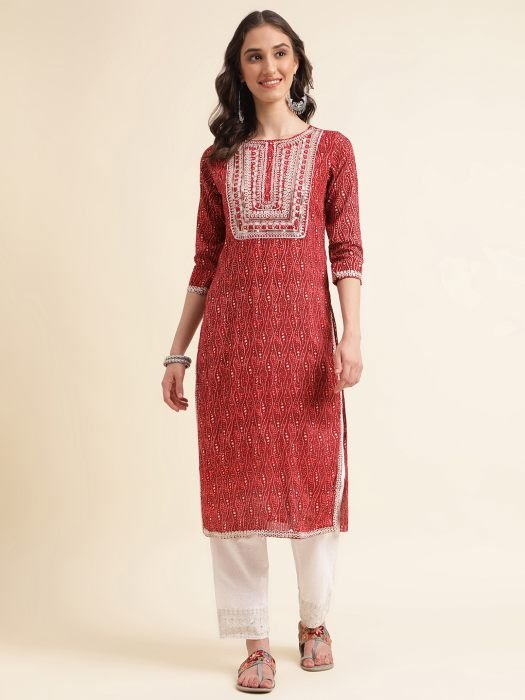  Maroon Cotton Blend Straight Kurta With Print   Sequence Embroidery Work With Trouser Kurta palazzo