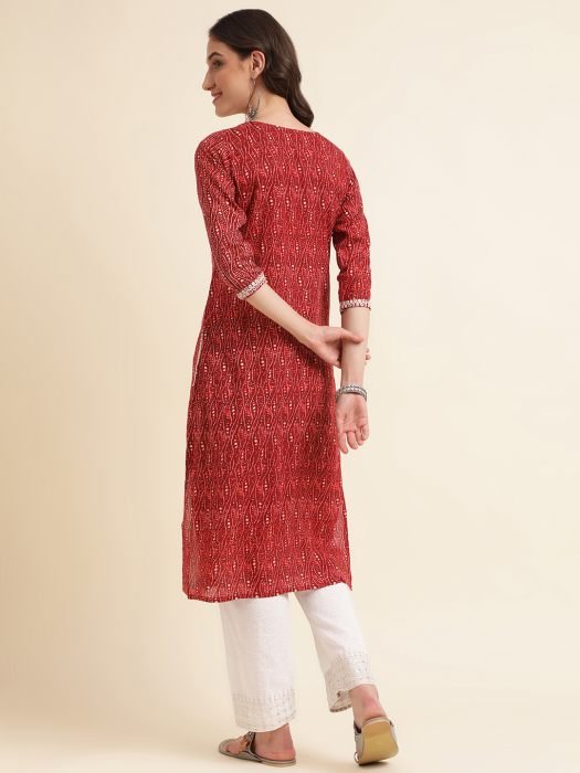  Maroon Cotton Blend Straight Kurta With Print   Sequence Embroidery Work With Trouser Kurta palazzo