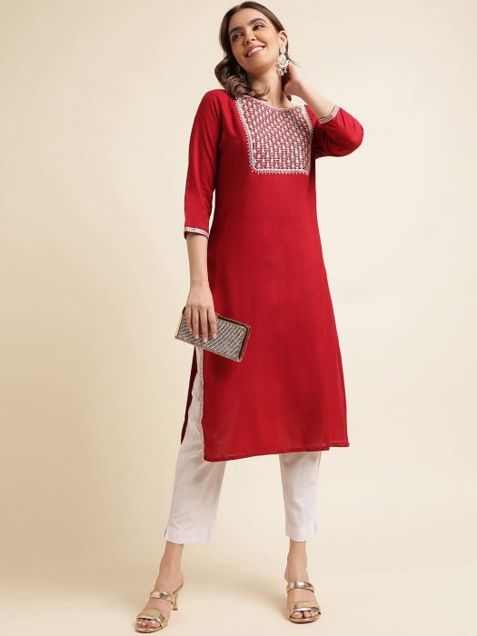 Maroon  Embroidered Cotton Kurta kurti