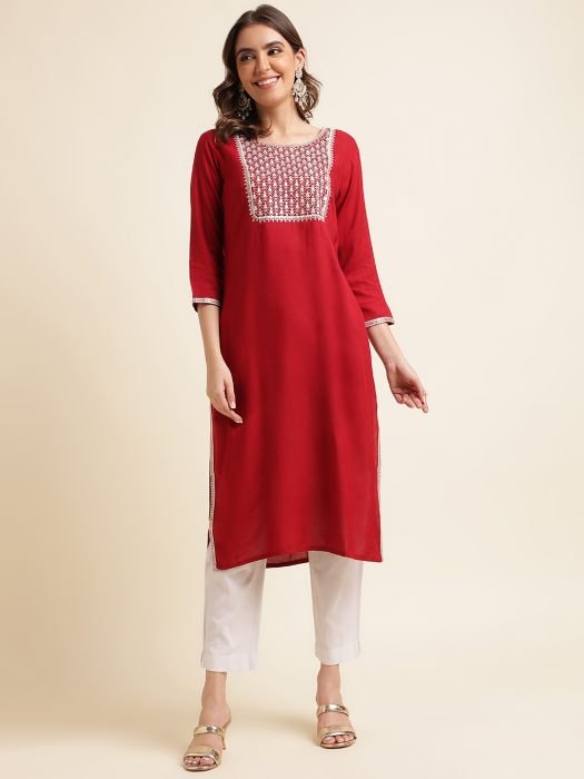 Maroon  Embroidered Cotton Kurta kurti