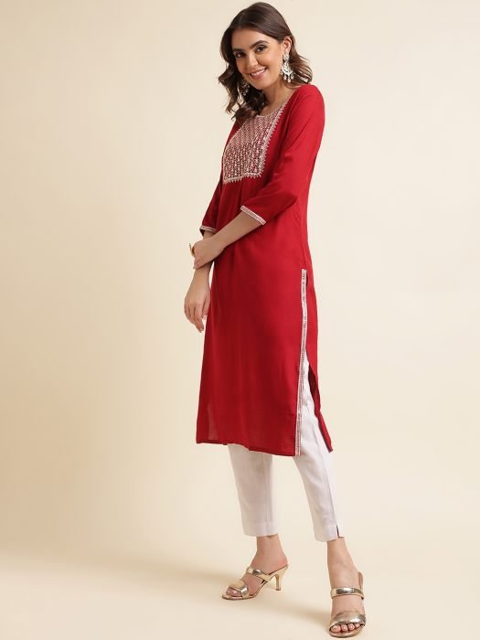 Maroon  Embroidered Cotton Kurta kurti