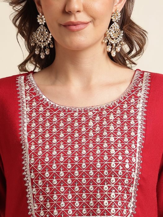 Maroon  Embroidered Cotton Kurta kurti