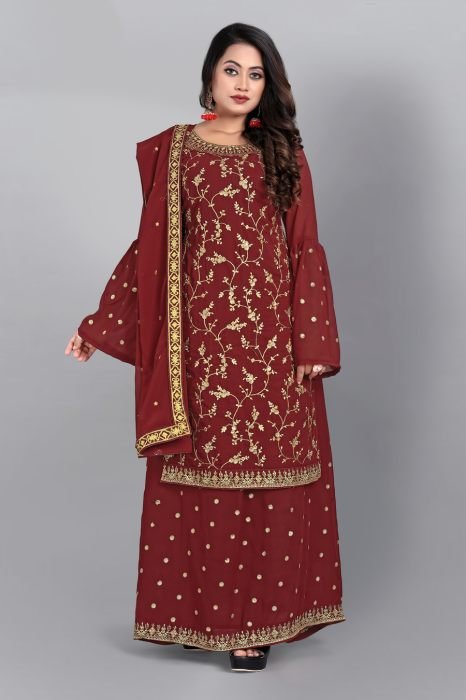 Maroon Floral Embroidered Sequinned Semi Stitched Kurta With Plazzo  And Dupatta  summer suits