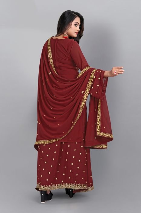 Maroon Floral Embroidered Sequinned Semi Stitched Kurta With Plazzo  And Dupatta  summer suits