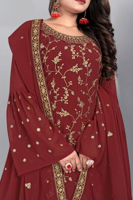 Maroon Floral Embroidered Sequinned Semi Stitched Kurta With Plazzo  And Dupatta  summer suits