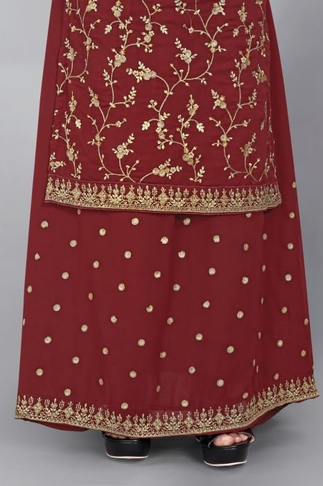 Maroon Floral Embroidered Sequinned Semi Stitched Kurta With Plazzo  And Dupatta  summer suits