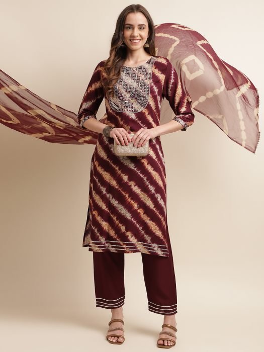 Maroon Printed And Embroidered Work Regular Kurta with Trousers   Dupatta kurta sets with dupatta