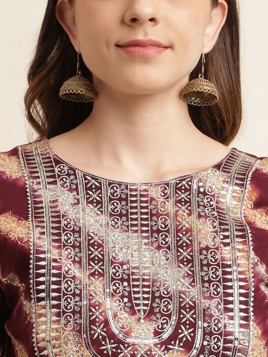 Maroon Printed And Embroidered Work Regular Kurta with Trousers   Dupatta kurta sets with dupatta