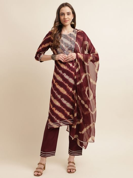 Maroon Printed And Embroidered Work Regular Kurta with Trousers   Dupatta kurta sets with dupatta