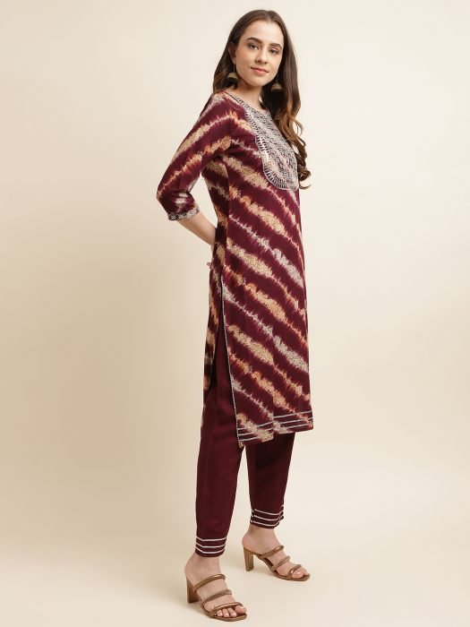 Maroon Printed And Embroidered Work Regular Kurta with Trousers   Dupatta kurta sets with dupatta