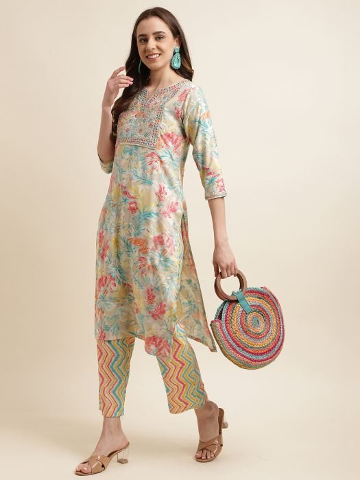 Multi colour Printed Regular Sequinned Kurta with Trousers kurta sets