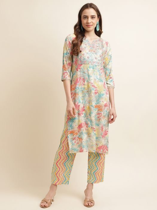 Multi colour Printed Regular Sequinned Kurta with Trousers kurta sets