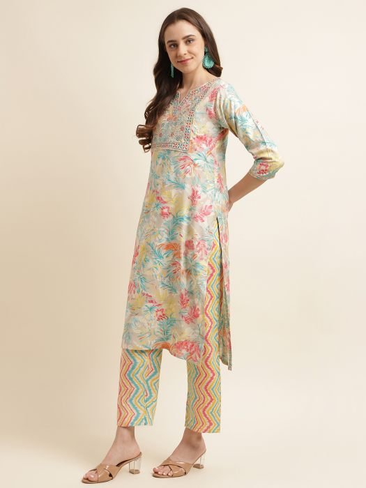 Multi colour Printed Regular Sequinned Kurta with Trousers kurta sets