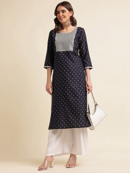 Navy Blue Cotton Blend Ethnic Embroidered And Printed Work Kurta  kurti