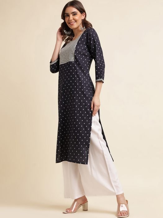 Navy Blue Cotton Blend Ethnic Embroidered And Printed Work Kurta  kurti