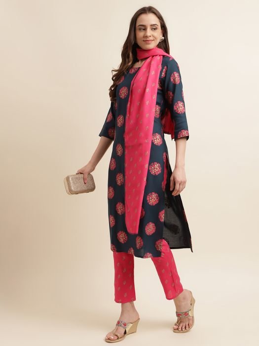 Navy Blue Ethnic Motifs Printed Regular Kurta with Trousers   Dupatta kurta sets