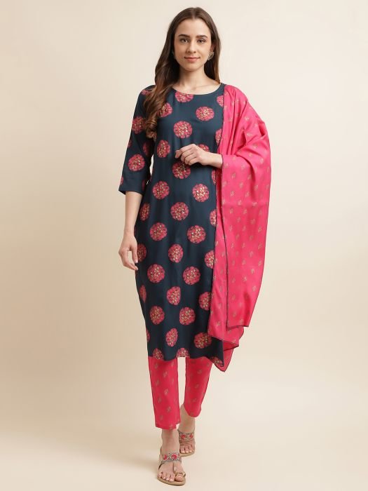 Navy Blue Ethnic Motifs Printed Regular Kurta with Trousers   Dupatta kurta sets