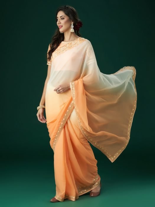 Peach and white Embroidered Sequinned Saree party wear saree