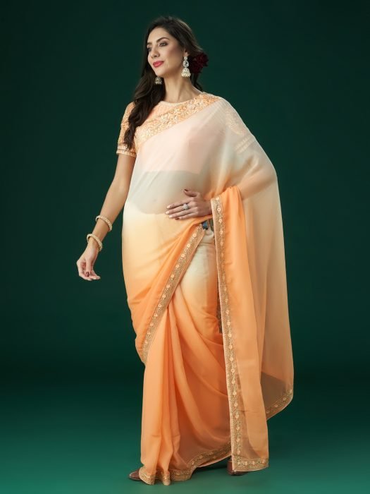 Peach and white Embroidered Sequinned Saree party wear saree