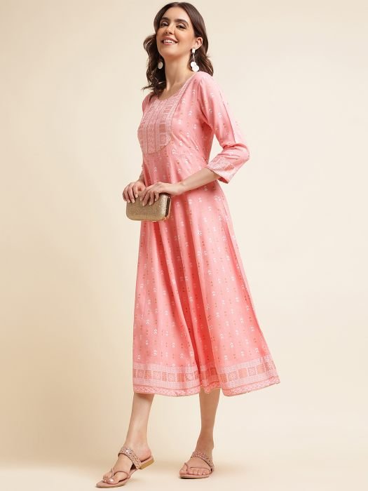 Peach color Cotton Blend Ethnic Embroidered And Printed Work Round Kurta kurti