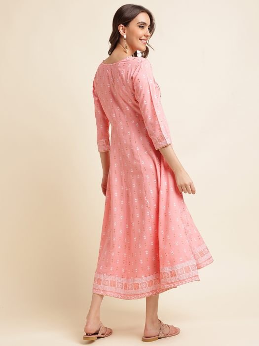 Peach color Cotton Blend Ethnic Embroidered And Printed Work Round Kurta kurti