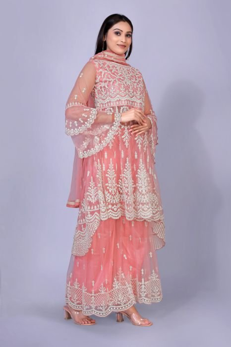  Peach Colour Ethnic Motifs Embroidered Panelled Thread Work Semi Stitched Kurta with Palazzos   With Dupatta semi stitched