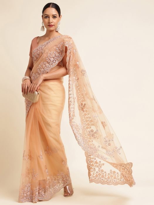 Peach Silver Toned Floral Embroidered Net Saree embroidered saree